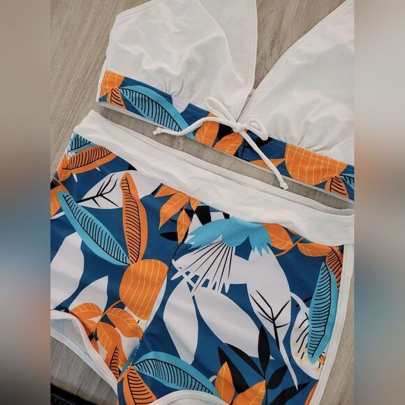 NEW Bathing Suit Trunk Set Halter White Tropical Palm Hawaii Beach Pool Vacation - Picture 6 of 8
